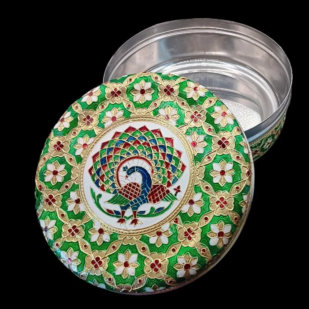 Peacock Tin Canister Stainless Steel Meenakari Green Blue Red Floral Approxim